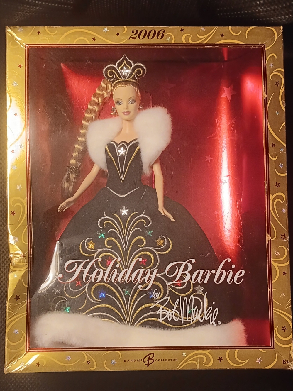 Barbie By Bob Mackie Black & Gold Holiday Doll with White Fur Trim (2006)